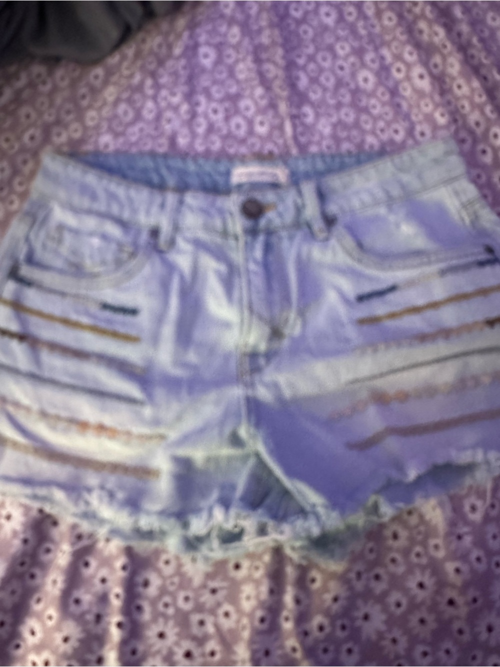 Unpublished denim shorts featuring horizontal embroidery details size 27